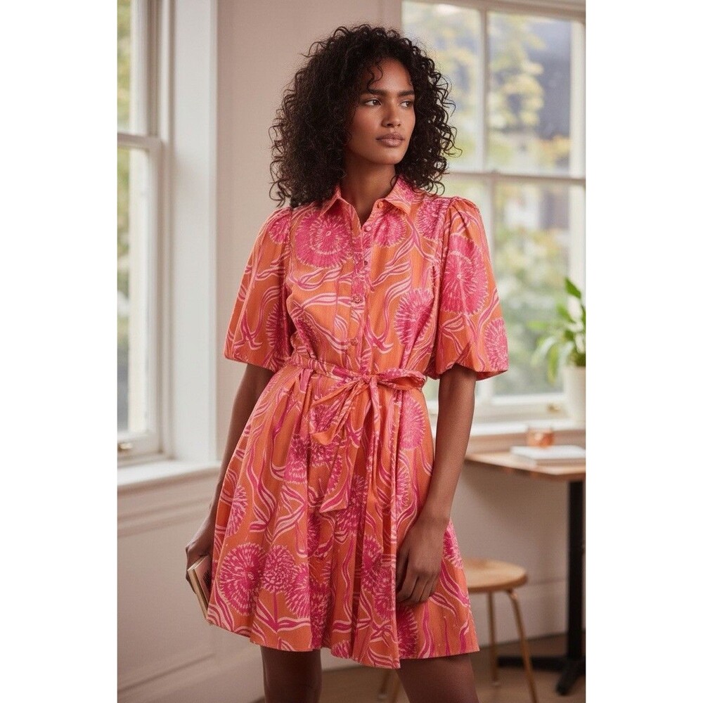 Mint Velvet Kendra Dress Sz 14 Orange Pink Girly Puff Sleeve Colorful Floral